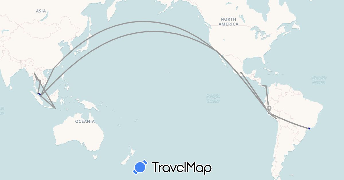 TravelMap itinerary: driving, plane, boat in Brazil, China, Indonesia, Cambodia, Mexico, Malaysia, Panama, Peru, Singapore, Thailand, United States (Asia, North America, South America)