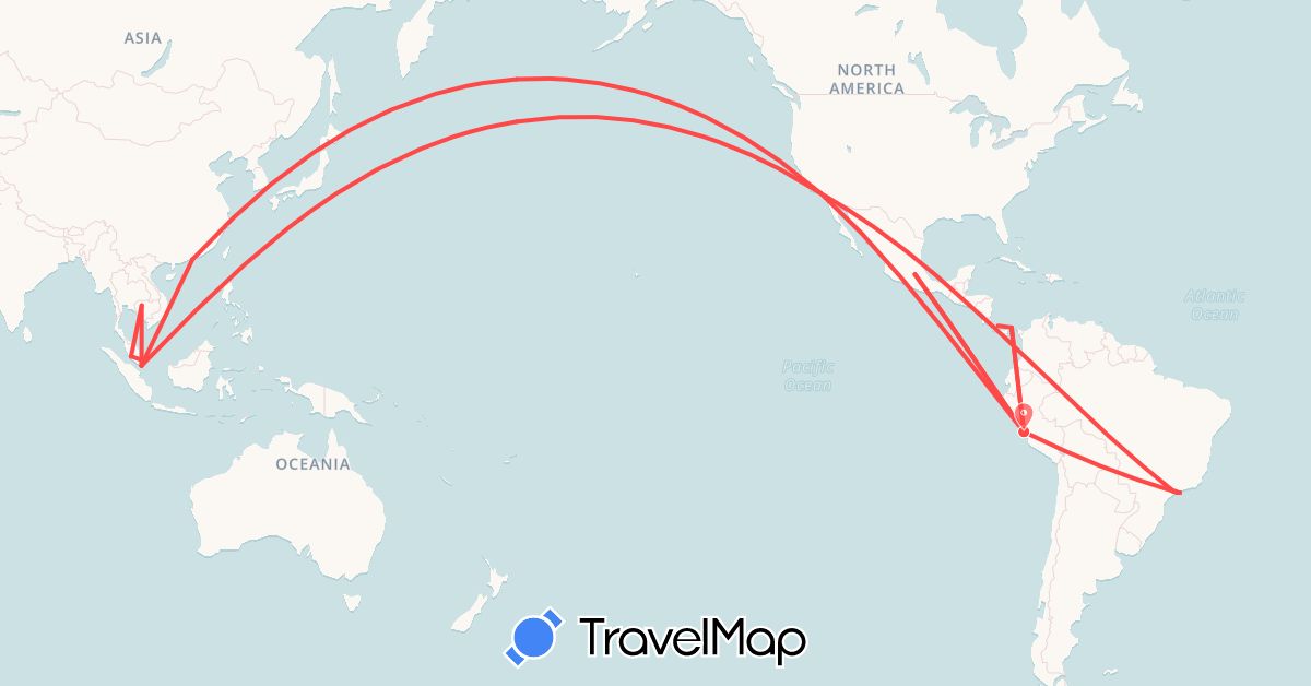 TravelMap itinerary: driving, hiking in Brazil, Hong Kong, Cambodia, Mexico, Malaysia, Panama, Peru, Singapore, United States (Asia, North America, South America)